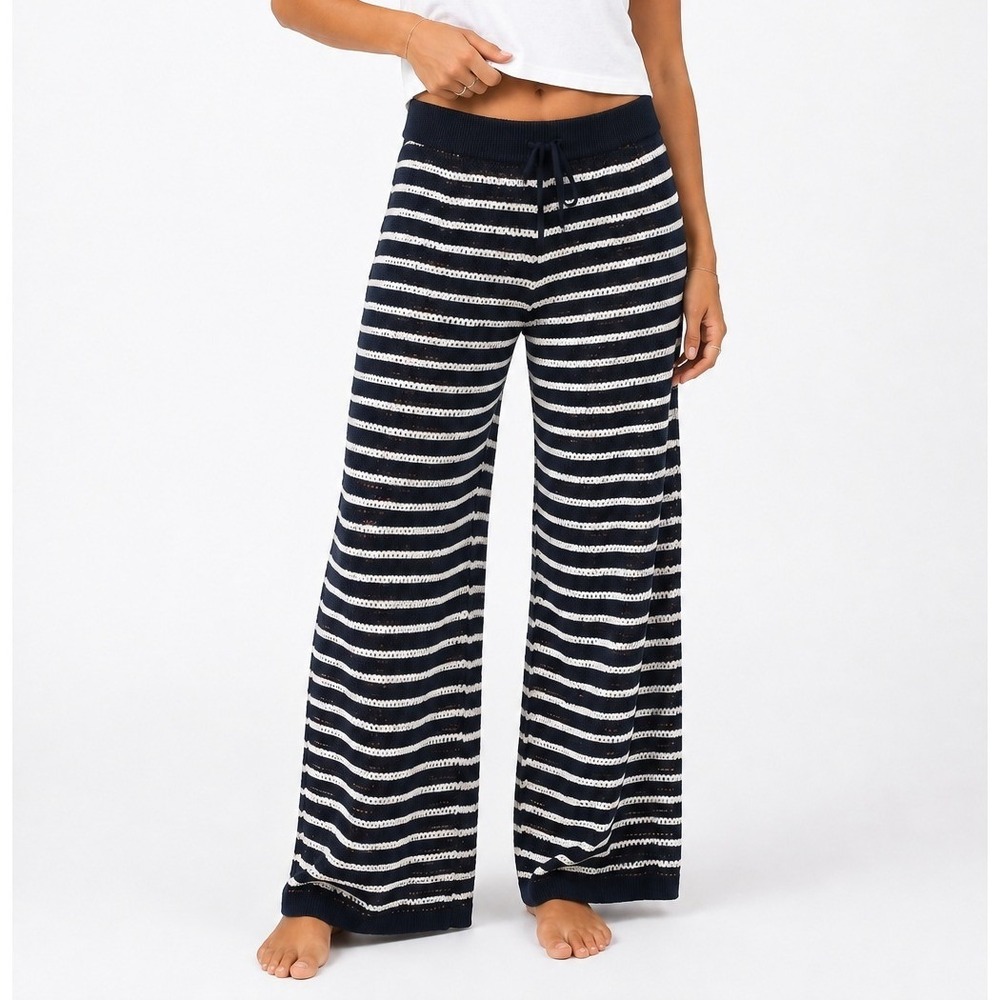 Nuuds Navy White Striped Knit Wide Leg Pants Drawstring Cotton Modal Size M